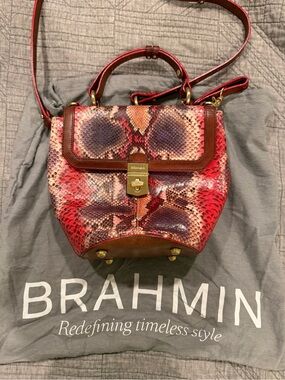 Brahmin Red Multi Snakeskin-Embossed Top-Handle Satchel